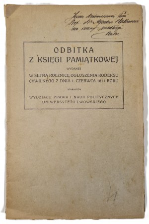 BOSSOWSKI Franciszek - O ŻEGLUDZE POWIETRZNEJ ZE STANOWISKA PRAWA PRYWATNEGO DEDICATION OF THE AUTHOR [Published Lviv 1911].