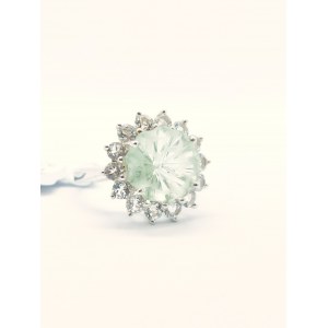 Sterling silver ring with prasiolite Chantilly Cut and topazes, certified by RocksTV