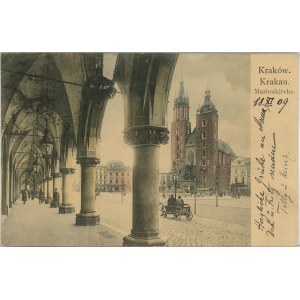 Cracovie - Vue de l'église de la Vierge Marie depuis la Halle aux draps, vers 1900.