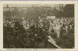 Průvod legií před katedrou. Vojsko. N. K. N. v Piotrkowě, 1915.