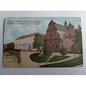 POCZTÓWKA LWÓW LEMBERG UNIWERSYTET I KOŚCIÓŁ ŚW MICHAŁA, PRZEDWOJENNA 1917 R, ZNACZEK
