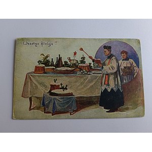 VÁNOČNÍ POHLEDNICE KNĚZ, SVĚCENÍ JÍDLA, JÍDLO, STŮL, VELIKONOČNÍ SNÍDANĚ, PŘEDVÁLEČNÁ
