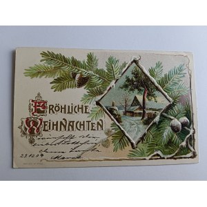 UMĚLECKÁ POHLEDNICE RELIÉFNÍ VÁNOČNÍ STROMEK ZIMA, ZNÁMKA S VLAJKOU, ZNÁMKA, ZNÁMKA 1904