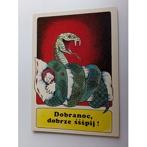 POCZTÓWKA PRL PLAKAT HUMOR, HUMORYSTYCZNA, WĄŻ, DOBRANOC DOBRZE ŚŚŚPIJ