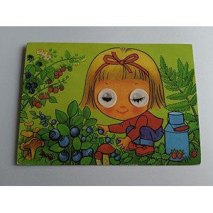 CARTE POSTALE YEUX TRIDIMENSIONNELS, FILLE, BAIES, FORÊT, MÛRES, FRAMBOISES, CHAMPIGNONS, MYRTILLES