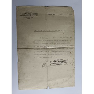 KRAKÓW CERTIFICAT DE SERVICE AVOCAT WASILKOWSKI 1930