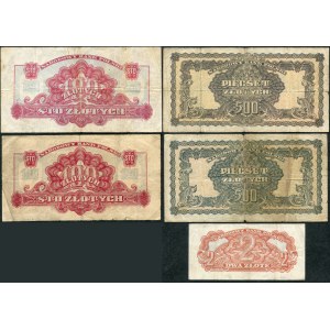 2 zloty - 500 zloty 1944 different series (5 pieces).