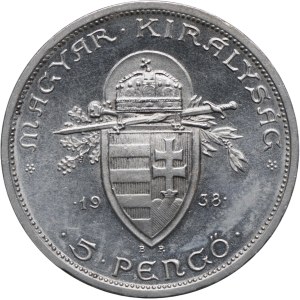 Hungary, 5 pengo 1938 BP, Budapest, proof