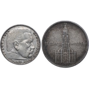 Germany, Third Reich, set of 2 marks 1936 D Hindenburg, 5 marks 1934 A Garrison Church (2pcs).