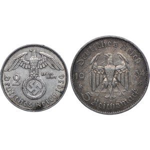 Germany, Third Reich, set of 2 marks 1936 D Hindenburg, 5 marks 1934 A Garrison Church (2pcs).