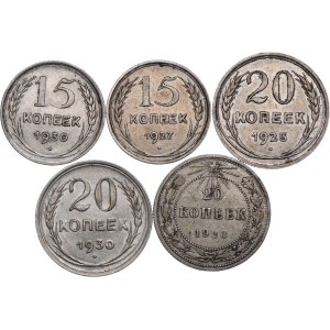 Rosja, ZSRR, 15, 20 kopiejek 1923-1930 (5szt.)