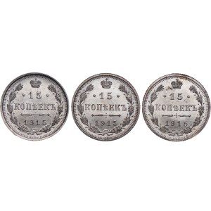 Russia, Nicholas II, set of 15 kopecks 1915, St. Petersburg (3pc).
