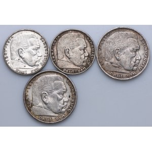 Niemcy, III Rzesza, zestaw 2 marki 1938 A, 5 marek 1936 A, J, Paul von Hindenburg (4szt.)