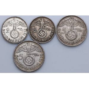 Niemcy, III Rzesza, zestaw 2 marki 1938 A, 5 marek 1936 A, J, Paul von Hindenburg (4szt.)