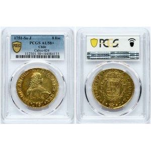Chile 8 Escudos 1751 So J PCGS AU 58+