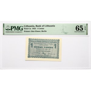 Lithuania 1 Centas 1922 PMG 65 Gem Uncirculated