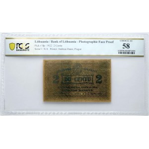 Lithuania 2 Centu 1922 Photo Face Proof PCGS 58 CHOICE AU