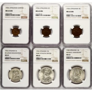 Lithuania 1 Centas - 10 Litu 1925-1938 Set NGC MS 63-63 BN Lot of 14 coins