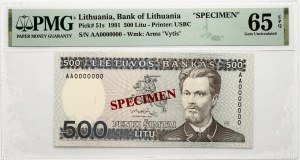 Litauen 500 Litu 1991 Vincas Kudirka SPECIMEN PMG 65 Gem Uncirculated