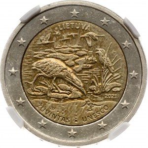 Lithuania 2 Euro 2021 LMK Žuvintas Biosphere Reserve NGC AU 58 Latvian Edge Lettering Error