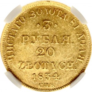 Russian-Polish 3 Roubles - 20 Zlotych 1834 СПБ-ПД (R2) NGC MS 62 PL TOP POP