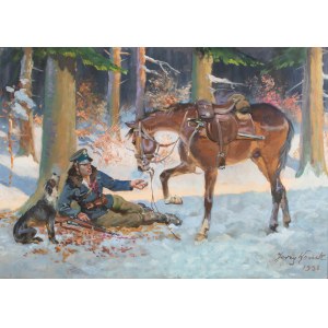 Jerzy Kossak (1886 Kraków - 1955 there), Wounded soldier with druhs, 1938.