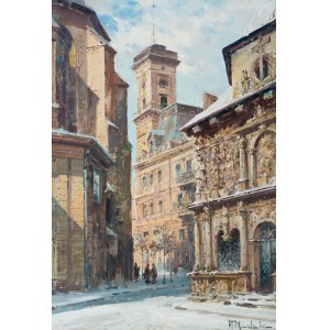 Władysław Chmieliński (1911 Warszawa - 1979 tamże), We Lwowie - widok na prezbiterium katedry, Kaplicę Boimów i ratusz