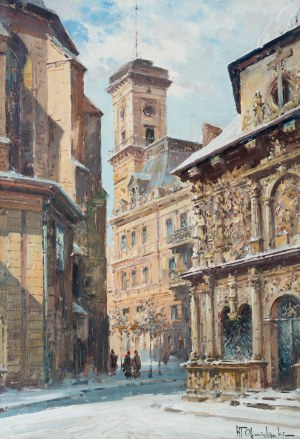 Władysław Chmieliński (1911 Warszawa - 1979 tamże), We Lwowie - widok na prezbiterium katedry, Kaplicę Boimów i ratusz