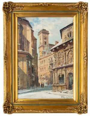 Władysław Chmieliński (1911 Warszawa - 1979 tamże), We Lwowie - widok na prezbiterium katedry, Kaplicę Boimów i ratusz