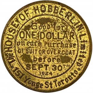 Canada Toronto Ontario 1924 1 Dollar House of Hobberlin Merchant Token 2048-H-A