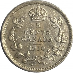 Canada 1910 Silver 5 Cent Round Leaves