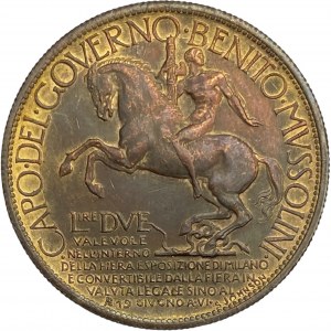 Italy 1928 2 Lire. Benito Mussolini, Milan Exposition Fair