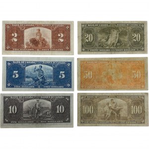 Bank of Canada 1937 $2 to $100 Banknote Lot $187 Face Value (6 Pieces)