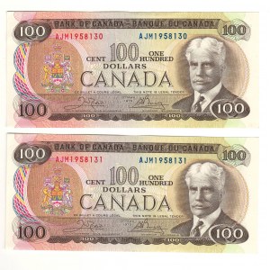 Bank of Canada 1975 $100 Banknotes Lot of 2 in Sequence AJM BC-52b
