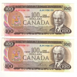 Bank of Canada 1975 $100 Banknotes Lot of 2 in Sequence AJM BC-52b