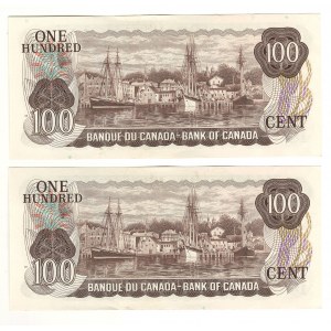 Bank of Canada 1975 $100 Banknotes Lot of 2 in Sequence AJM BC-52b