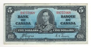 Bank of Canada 1937 $5 Banknote B/S BC-23c