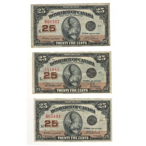 Dominion of Canada 1923 25 Cent Shinplaster Banknote Lot (3 Pieces)