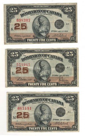 Dominion of Canada 1923 25 Cent Shinplaster Banknote Lot (3 Pieces)