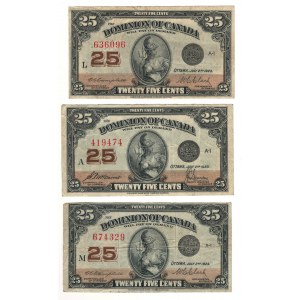 Dominion of Canada 1923 25 Cent Shinplaster Banknote Lot (3 Pieces)