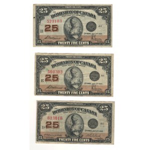 Dominion of Canada 1923 25 Cent Shinplaster Banknote Lot (3 Pieces)
