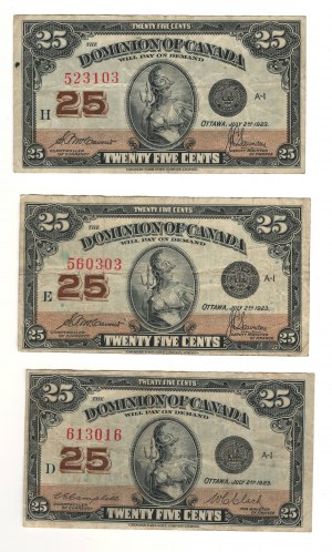 Dominion of Canada 1923 25 Cent Shinplaster Banknote Lot (3 Pieces)