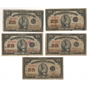 Dominion of Canada 1923 25 Cent Shinplaster Banknote Lot (5 Pieces)