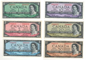 Bank of Canada 1954 $1 - $50 Banknote Bundle Collection Lot $88 Face Value (6 Pieces)