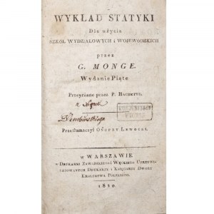 Monge G., WYKŁAD STATYKI, 1820 [Szkoła Wojskowa Applikacyina] [autograf Dembiński - Powstanie Listopadowe]