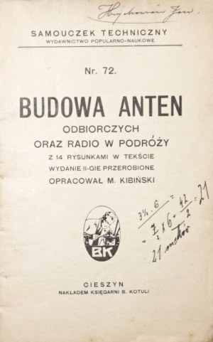 Kibinski M., CONSTRUCTION OF RECEIVING ANTENNAS AND RADIO IN TRAVEL, 1927