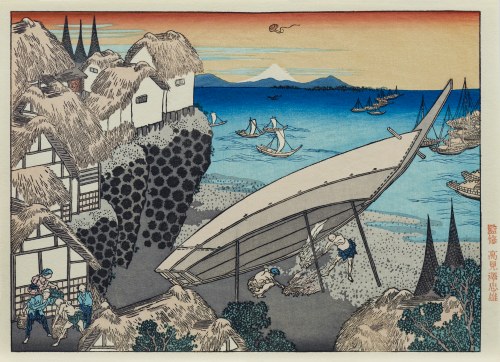 Katsushika Hokusai (1760-1849), Góra Fuji i rybacka wioska, wyd. Takamizawa, Tokio/Japonia, okres Showa, ok. 1960 r.