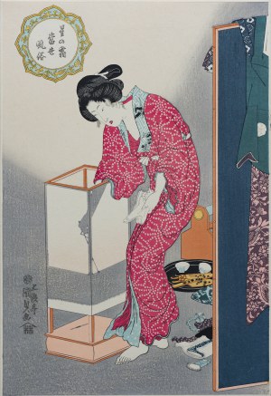 Utagawa Kunisada (1786 - 1864), Piękność zapalająca latarnię, wyd. Adachi, Japonia, okres Showa, ok. 1970 r.