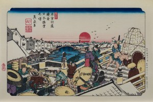 Keisai Eisen (1790 - 1848), Śnieżny poranek na Nihonbashi, z serii: Sześćdziesiąt dziewięć stacji Kiso Kaido, wyd. Nihon Hanga Kenkyujo, Japonia, okres Showa, lata 1960 -1970