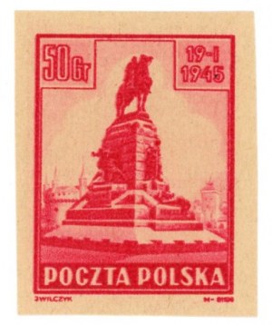 Monuments of Krakow - Grunwald Monument, stamp sample for 50 gr. in carmine (940)